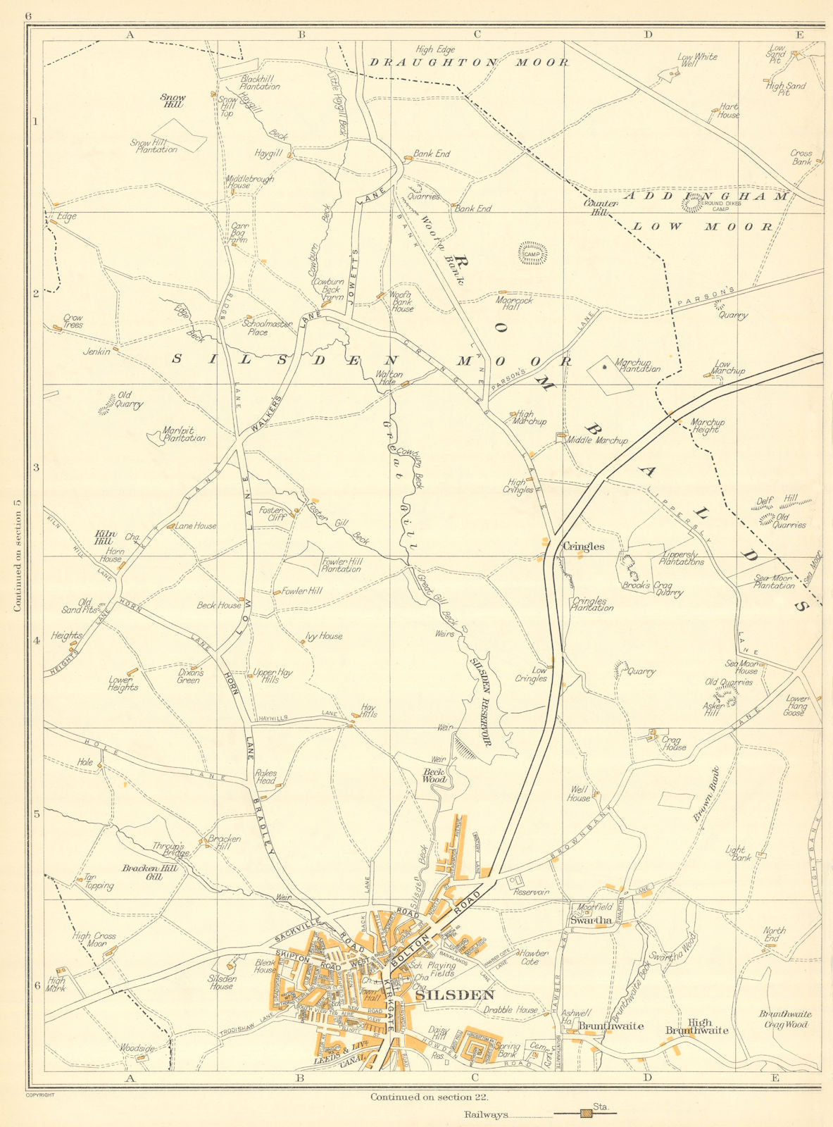 YORKSHIRE Silsden Draughton Moor Brunthwaite Cringles Addingham 1935 old map